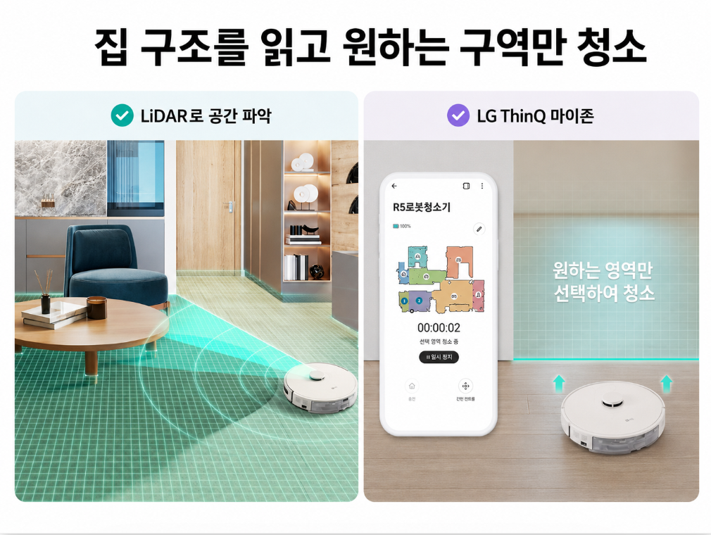 LG 코드제로 R5 LiDAR 공간 인식과 LG ThinQ 구역 청소 화면
